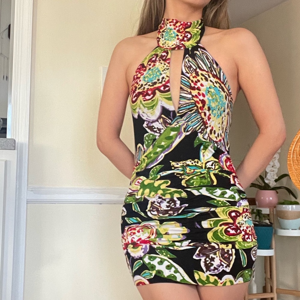 floral print y2k halter mini dress / halter top